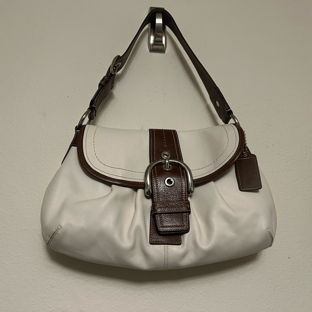 Coach White and Brown Shoulder Bag with Leather Trim